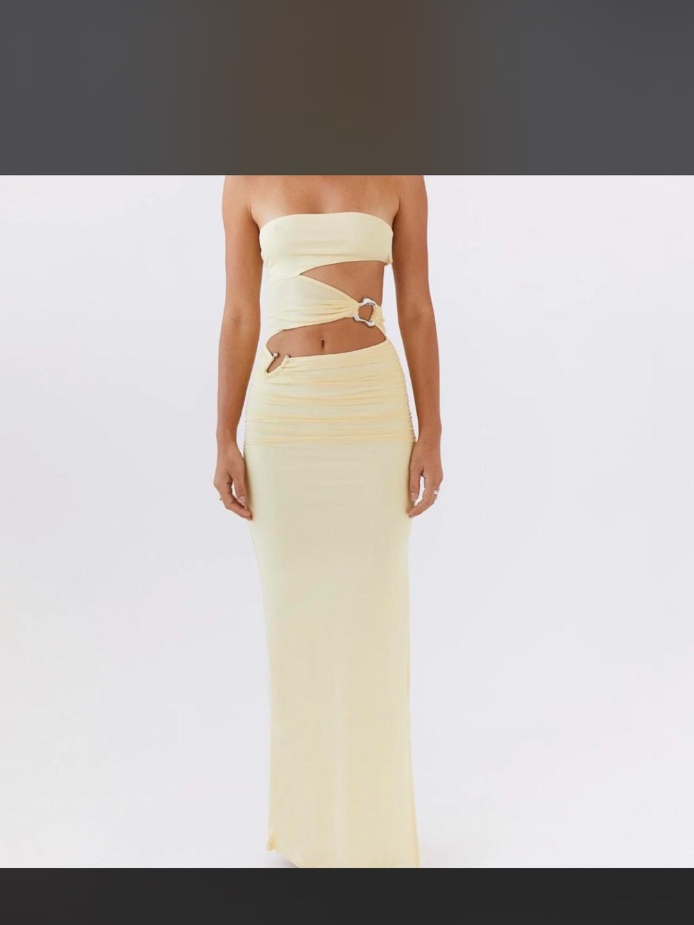 Peppermayo Strapless Cutout Maxi Dress in Pale Yellow